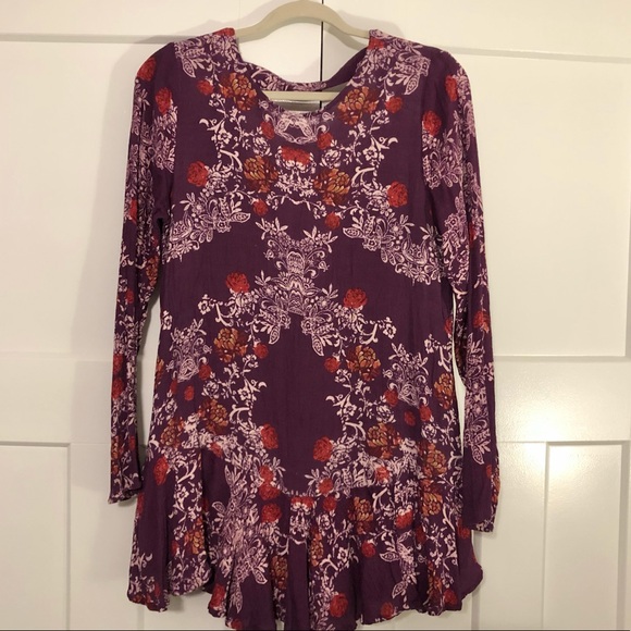 Free People Berry Purple Floral Open Back Tunic Printed Flowy Mini Dress - Picture 3 of 16